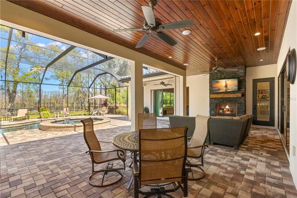 Fireplace, Glass Ceilings, Interior, Pool, Recessed Lighting, Sun Room, Wooden Ceilings