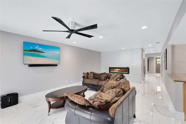 Fireplace, Interior, Living room, Marble, Recessed Lighting