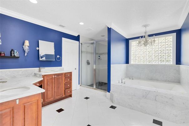 Bathroom, Chandelier, Dual Sink Vanities, Glass Shower, Interior, Recessed Lighting