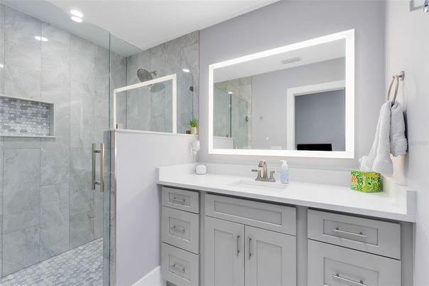 Bathroom, Glass Shower, Interior, Marble Walls, Recessed Lighting