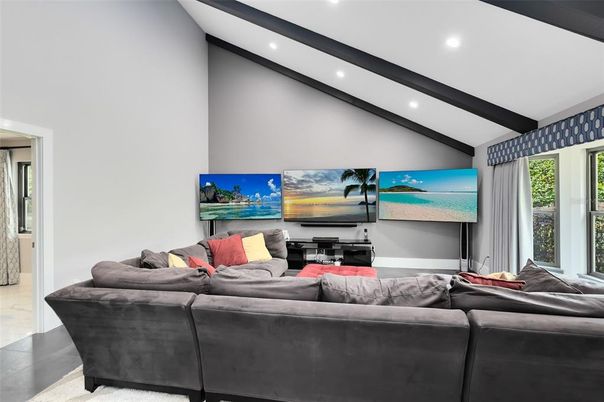 Interior, Living room, Recessed Lighting, Wooden Beams