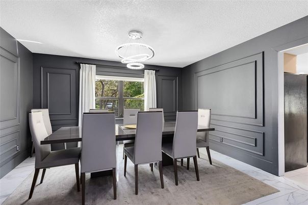 Dining room, Interior, Marble, Pendant Lights