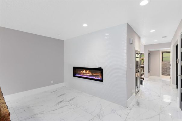 Empty room, Fireplace, Interior, Marble, Recessed Lighting