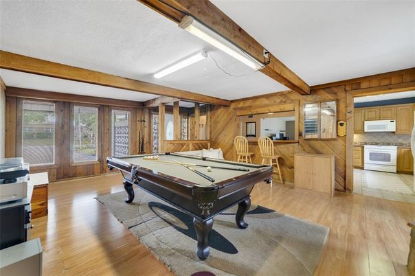 Billiard Table, Game Room, Interior, Wooden Beams, Wood Texture Flooring, Wooden Walls