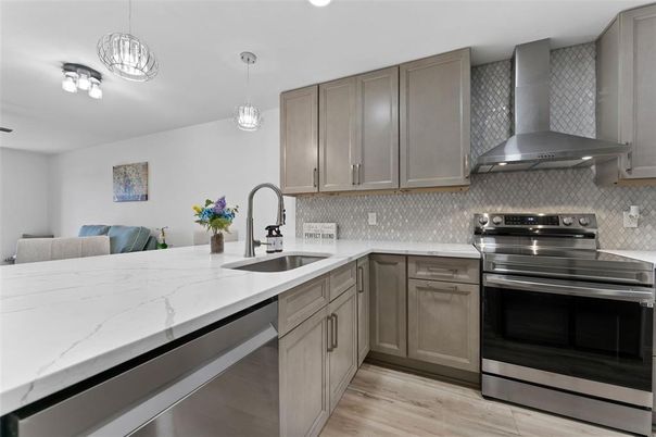 Interior, Kitchen, Pendant Lights, Stainless Steel Appliances, Wood Texture Flooring