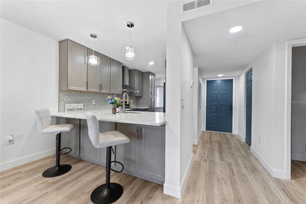 Interior, Kitchen, Pendant Lights, Recessed Lighting, Wood Texture Flooring