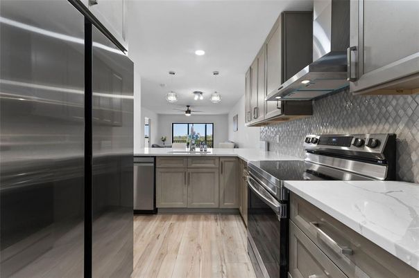Interior, Kitchen, Pendant Lights, Recessed Lighting, Stainless Steel Appliances, Wood Texture Flooring