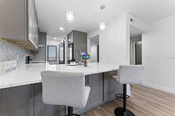 Interior, Kitchen, Pendant Lights, Recessed Lighting, Wood Texture Flooring