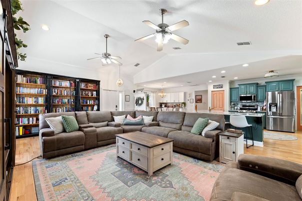 Interior, Kitchen, Living room, Pendant Lights, Recessed Lighting, Stainless Steel Appliances, Wood Texture Flooring