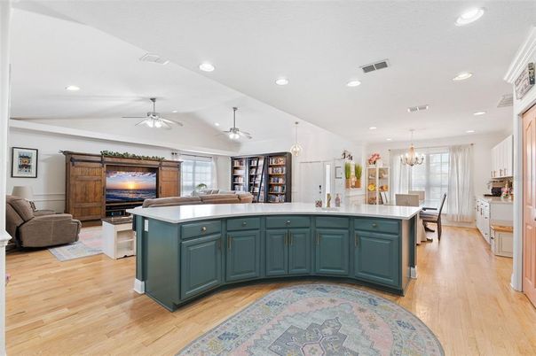Chandelier, Dining room, Interior, Kitchen, Living room, Pendant Lights, Recessed Lighting, Wood Texture Flooring