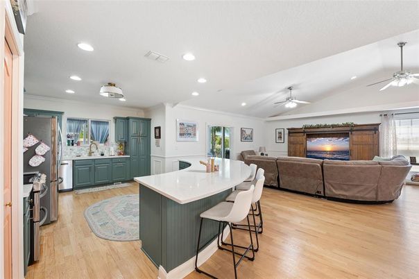Interior, Kitchen, Living room, Recessed Lighting, Wood Texture Flooring