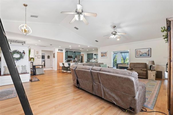 Dining room, Fireplace, Interior, Kitchen, Living room, Pendant Lights, Recessed Lighting, Wood Texture Flooring