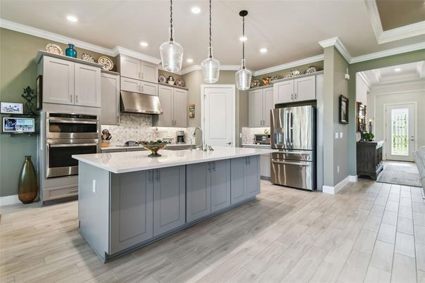 Interior, Kitchen, Pendant Lights, Recessed Lighting, Stainless Steel Appliances, Wood Texture Flooring
