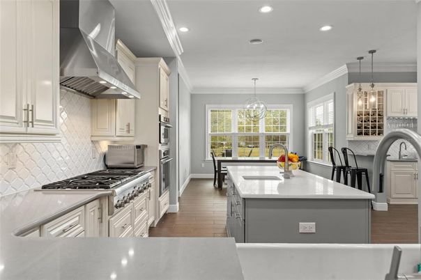 Interior, Kitchen, Pendant Lights, Recessed Lighting, Stainless Steel Appliances, Wood Texture Flooring