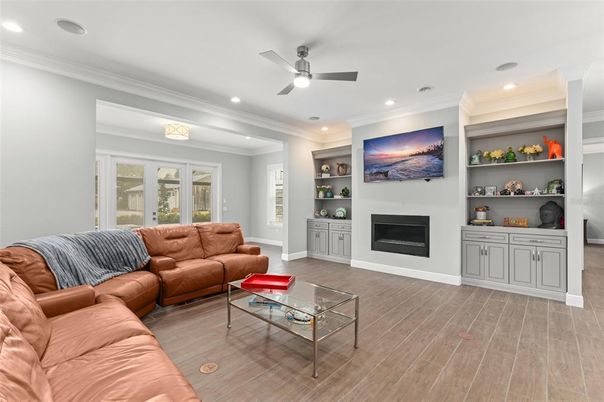 Fireplace, Interior, Living room, Recessed Lighting, Wood Texture Flooring