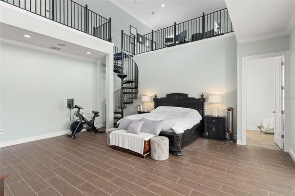 Bedroom, Fitness Equipment, Interior, Recessed Lighting, Wood Texture Flooring
