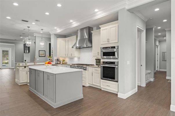 Interior, Kitchen, Pendant Lights, Recessed Lighting, Stainless Steel Appliances, Wood Texture Flooring