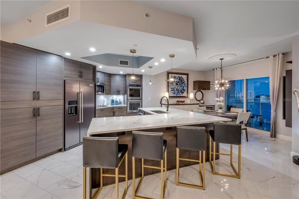 Interior, Kitchen, Marble, Pendant Lights, Recessed Lighting, Stainless Steel Appliances