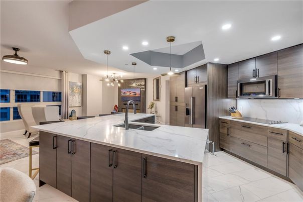 Interior, Kitchen, Marble, Pendant Lights, Recessed Lighting, Stainless Steel Appliances