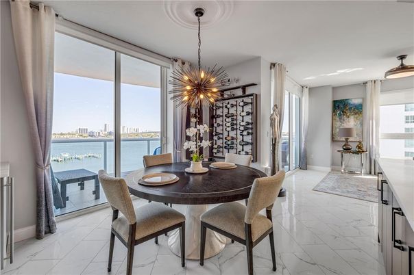 Dining room, Interior, Marble, Pendant Lights, Water