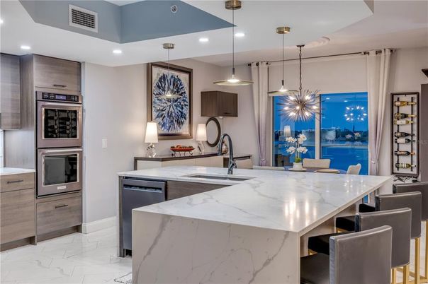 Interior, Kitchen, Marble, Pendant Lights, Recessed Lighting, Stainless Steel Appliances