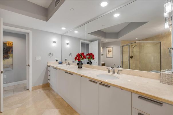Bathroom, Dual Sink Vanities, Glass Shower, Interior, Recessed Lighting