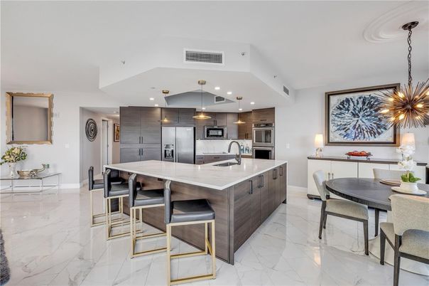 Dining room, Interior, Kitchen, Marble, Pendant Lights, Recessed Lighting, Stainless Steel Appliances