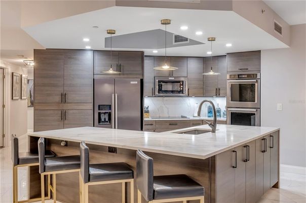 Interior, Kitchen, Marble, Pendant Lights, Recessed Lighting, Stainless Steel Appliances
