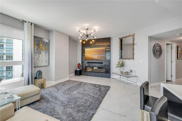 Fireplace, Interior, Marble, Pendant Lights