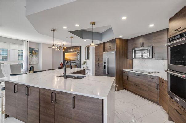 Interior, Kitchen, Marble, Pendant Lights, Recessed Lighting, Stainless Steel Appliances