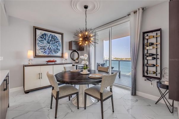 Dining room, Interior, Marble, Pendant Lights, Water