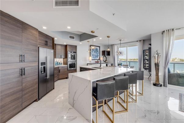 Interior, Kitchen, Marble, Pendant Lights, Recessed Lighting, Stainless Steel Appliances, Water