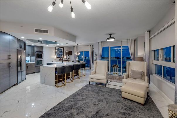 Interior, Kitchen, Marble, Pendant Lights, Recessed Lighting, Stainless Steel Appliances