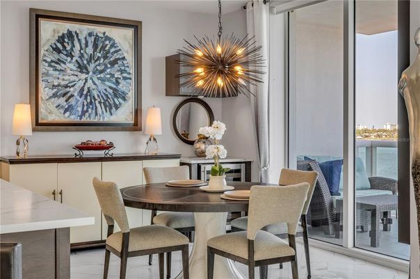 Dining room, Interior, Marble, Pendant Lights, Water