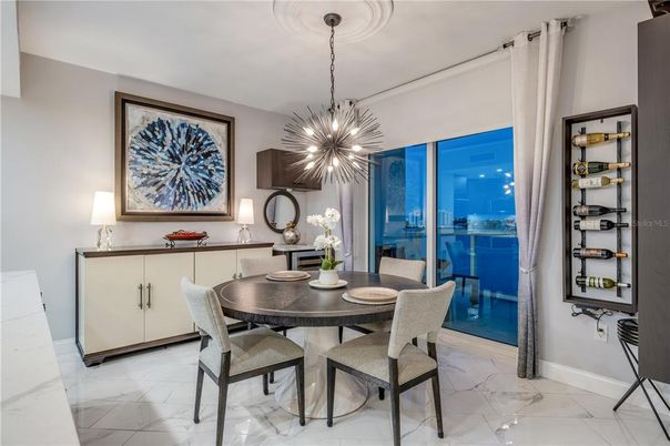 Dining room, Interior, Marble, Pendant Lights