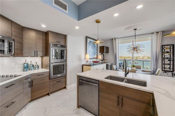 Interior, Kitchen, Marble, Pendant Lights, Recessed Lighting, Stainless Steel Appliances, Water