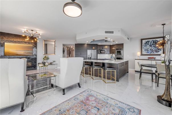 Dining room, Interior, Kitchen, Marble, Pendant Lights, Recessed Lighting, Stainless Steel Appliances