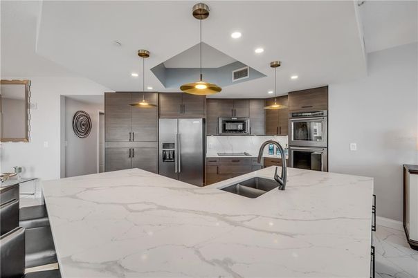 Interior, Kitchen, Marble, Pendant Lights, Recessed Lighting, Stainless Steel Appliances