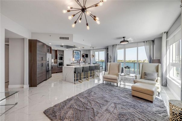 Interior, Kitchen, Living room, Marble, Pendant Lights, Recessed Lighting, Stainless Steel Appliances, Water