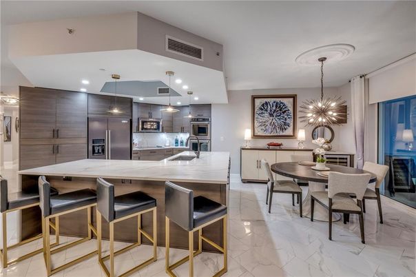 Dining room, Interior, Kitchen, Marble, Pendant Lights, Recessed Lighting, Stainless Steel Appliances