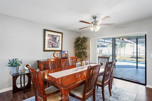 Dining room, Interior, Pool, Wood Texture Flooring