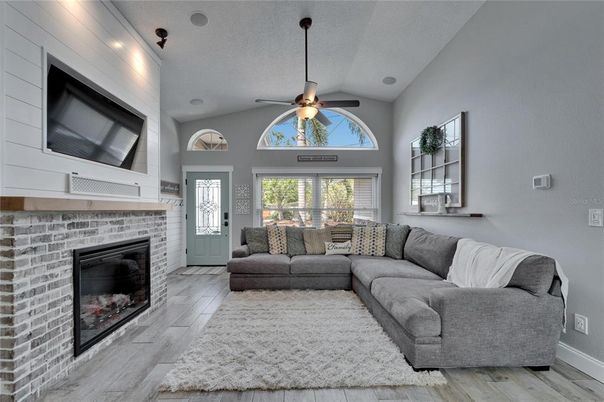 Fireplace, Interior, Living room, Stone Walls, Wood Texture Flooring