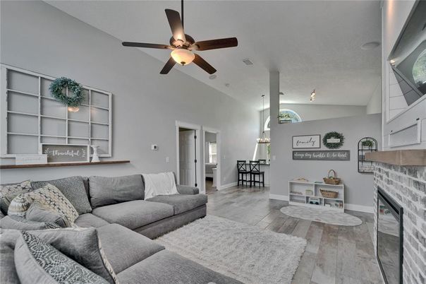 Dining room, Fireplace, Interior, Living room, Pendant Lights, Wood Texture Flooring