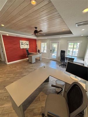 Home Office, Interior, Recessed Lighting, Wooden Ceilings, Wood Texture Flooring