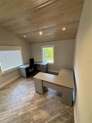 Home Office, Interior, Recessed Lighting, Wooden Ceilings, Wood Texture Flooring
