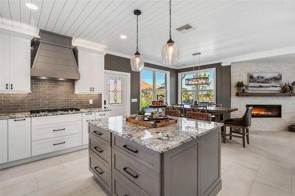 Dining room, Fireplace, Interior, Kitchen, Pendant Lights, Recessed Lighting, Stainless Steel Appliances