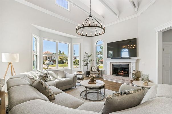 Chandelier, Fireplace, Interior, Living room, Pendant Lights, Wood Texture Flooring