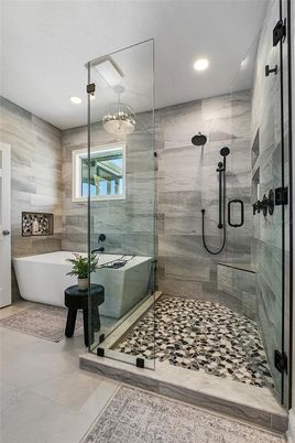 Bathroom, Free Standing Baths, Glass Shower, Interior, Recessed Lighting