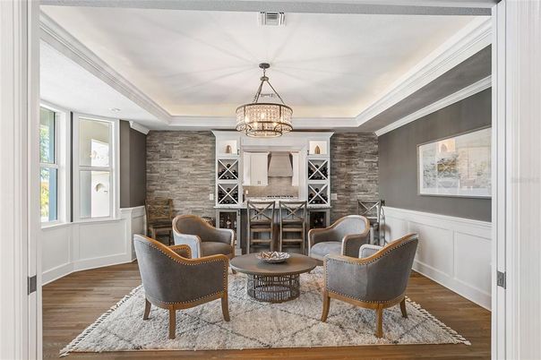 Chandelier, Interior, Living room, Stone Walls, Wood Texture Flooring