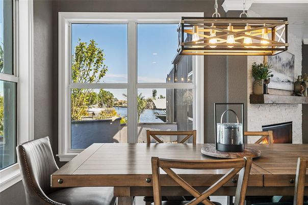 Dining room, Fireplace, Interior, Pendant Lights, Water